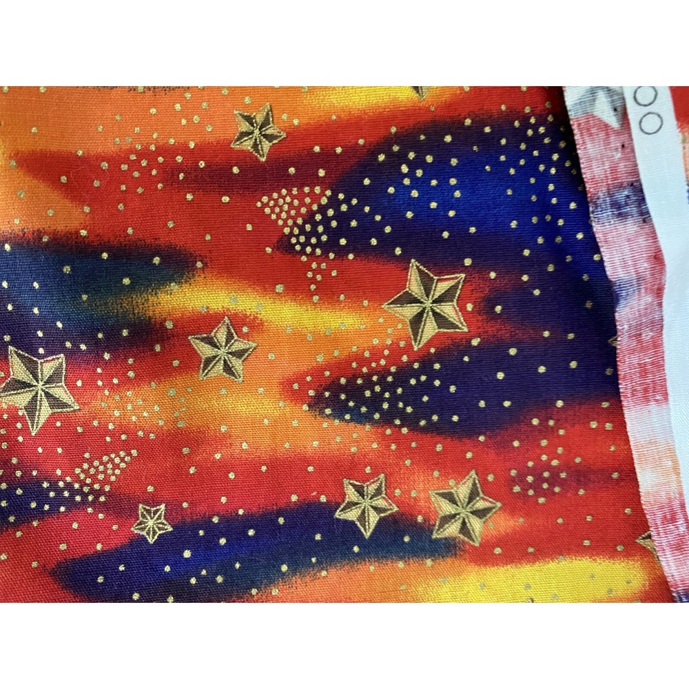 Fabric Hollytex Gold Orange Yellow Blue Screen Print Stars Cotton 59" X 44"